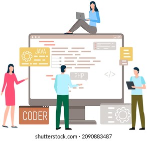 Programmer engineering and coding. Coder programmers working on web development on computer. Concept of script coding and programming in php, javascript, python, other languages. Software developers