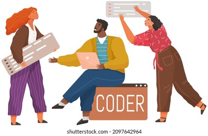 Programmer engineering and coding. Coder programmers working on web development on computer. Concept of script coding and programming in php, javascript, python, other languages. Software developers