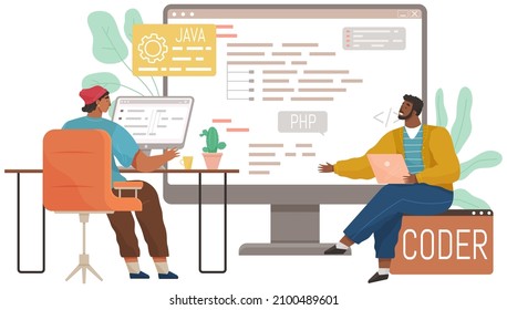 Programmer engineering and coding. Coder programmers working on web development on computer. Concept of script coding and programming in php, javascript other languages. Software developers