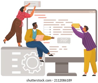 Programmer engineering and coding. Coder programmers working on web development on computer. Concept of script coding and programming in php, javascript, python, other languages. Software developers