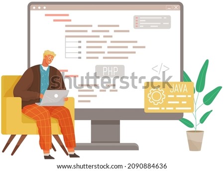Programmer engineering and coding. Coder programmers working on web development on computer. Concept of script coding and programming in php, javascript, python, other languages. Software developers
