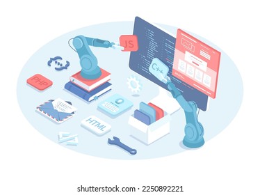 Programmer engineering and coding. Web development illustration. Work with the program code on the monitor screen. Vector illustration in 3d design. Isometric web banner.	
