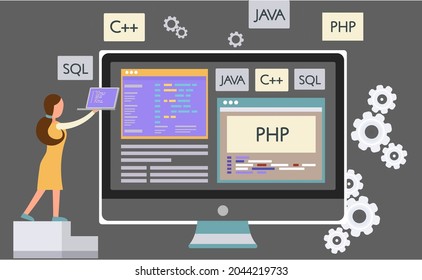 Programmer engineering and coding. Programmer working on code for web app development on computer. Concept of script coding and programming in php, javascript, python. Software developers
