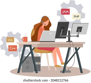 Programmer engineering and coding. Programmer working on code for web app development on computer. Concept of script coding and programming in php, javascript, python languages. Software developers