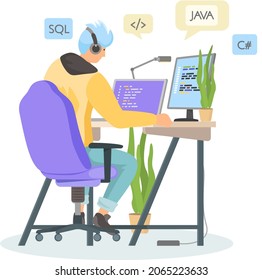Programmer engineering and coding. Programmer working on code for web app development on computer. Concept of script coding and programming in php, javascript, python languages. Software developers
