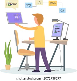 Programmer engineering and coding. Programmer working on code for web app development on computer. Concept of script coding and programming in php, javascript, python languages. Software developers