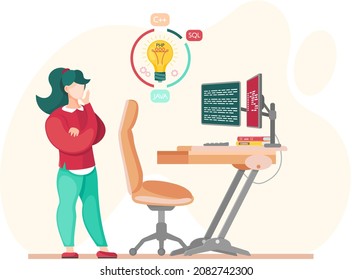 Programmer engineering and coding. Programmer working on code for web app development on computer. Concept of script coding and programming in php, javascript, python languages. Software developers