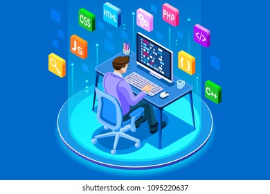 Programmer and engineering development illustration. A developer of project team of engineers for website coding. Software programming, web agency, professional employee at laptop. Isometric vector.