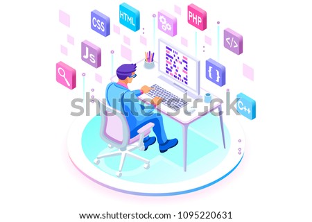 Programmer and engineering development illustration. A developer of project team of engineers for website coding. Software programming, web agency, professional employee at laptop. Isometric vector.