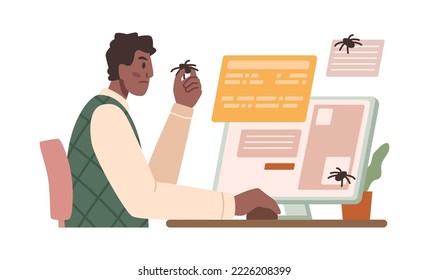 Programmer finding bugs in software, testing and fixing. Male sitting by computer improving work of programs and websites online. Vector in flat cartoon style