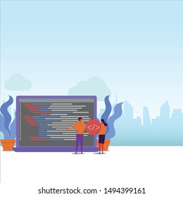 Programmer flat vector concept couple work together to finish the programming project. Illustration For Wallpaper, Banner, Background, Infographic, Book Illustration, And Web Landing Page.