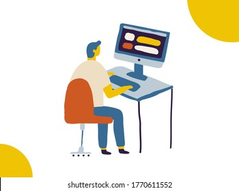 Programmer flat vector man. Man sitting at a table working at computer