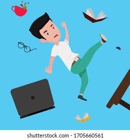 Programmer floating in the air with his work station - Laptop, books, tea and specs