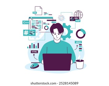 Programmer focused on coding, surrounded by various programming languages and tools.