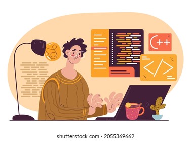 Programmer freelance worker character development code. Vector flat hand drawn illustration