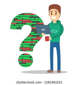 Programmer or freelancer standing and holding laptop computer and drinking coffee. Computer work. Man standing in front of big question mark. Isolated flat vector illustration