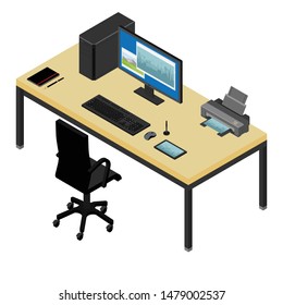 Programmer freelancer working place desk and armchair. Computer, laptop, printer , graphic tablet, camera and notebook on the desk in the office. Happy worker. New employee, co-worker to the team