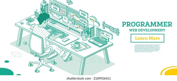 Programmer. Frontend or Backend Developer Sit on Chair with Wheels in Front of Two Monitors with Code. Html, Css, Php, C++ Programming Code. Creating a Web Layout or App Template. UI UX Interface.