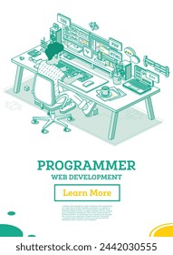 Programador. Desarrollador Frontend o Backend Siéntese en la silla con ruedas delante de dos monitores con código. Código De Programación Html, Css, Php, C++. Crear un diseño Web o una plantilla de aplicación. Interfaz UX UI.