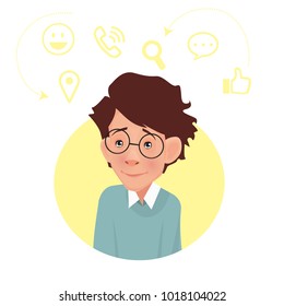 Programmer with glasses. Geek, scientist, student. Vector Flat Illustration