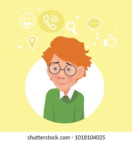 Programmer with glasses. Geek, scientist, student. Vector Flat Illustration