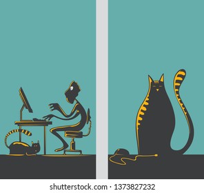Programmer, Graphic Designer Working at night, Cat (vector Art)