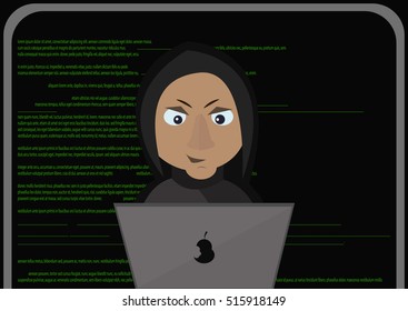 Programmer hacker working on front of his laptop in the middle of night.Abstract Technology Background. Hacker concept. Vector Illustration.