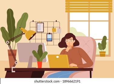 Programmer at home. Professional hacker freelancer student manager working in office nowaday vector background