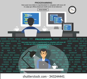 Programmer horizontal banner set with program code elements isolated vector illustration