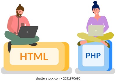 Programmer, html button and laptop. Programming or coding, digital technology. Lady is working with electronic device to create websites. Html and php developer sitting on block with text HTML, PHP