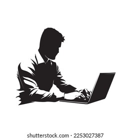 Programmer, html coder sitting at table and working on laptop, isolated vector silhouette. Business man