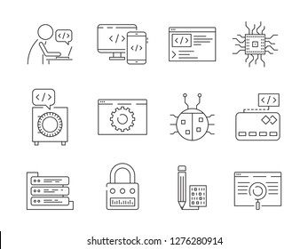 Programmer Icon. Coder Web Dev Worker Bug Fixes Nodes Qa System Testing Engineering Vector Thin Line Symbols