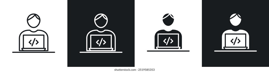 Programmer icon collection in black and white filled and stroke line style.