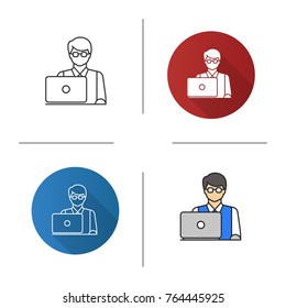 Programmer Icon. Flat Design, Linear And Color Styles. IT Technologist. Freelancer. Isolated Vector Illustrations