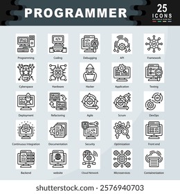 Programmer icon set containing Programming, Coding, Debugging, API, Framework, Cyberspace, Hardware, Hacker, Application, Testing icon. Simple line vector