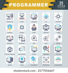 Programmer icon set containing Programming, Coding, Debugging, API, Framework, Cyberspace, Hardware, Hacker, Application, Testing icon. Simple lflat vector