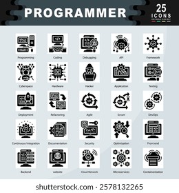 Programmer icon set containing Programming, Coding, Debugging, API, Framework, Cyberspace, Hardware, Hacker, Application, Testing icon. Simple glyph vector