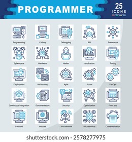 Programmer icon set containing Programming, Coding, Debugging, API, Framework, Cyberspace, Hardware, Hacker, Application, Testing icon. Simple vector illustration