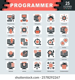 Programmer icon set containing Programming, Coding, Debugging, API, Framework, Cyberspace, Hardware, Hacker, Application, Testing icon. Simple vector illustration