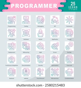 Programmer icon set containing Programming, Coding, Debugging, API, Framework, Cyberspace, Hardware, Hacker, Application, Testing icon. simple gradient vector