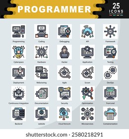 Programmer icon set containing Programming, Coding, Debugging, API, Framework, Cyberspace, Hardware, Hacker, Application, Testing icon. Simple flat line vector