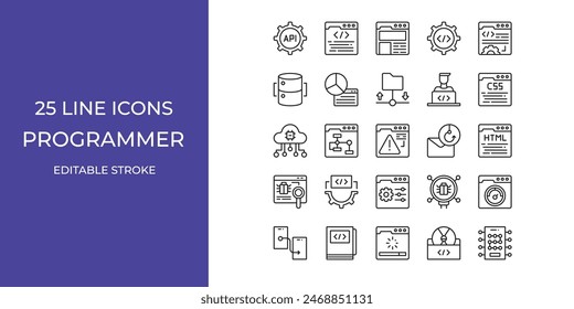 Programmer icon set vector design illustration stock editable stroke. css, html, phising and more