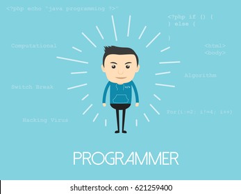 programmer illustration with man standing wearing hoodie with blue background and flat cartoon style