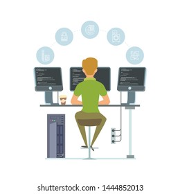 Programmer, information technology worker vector illustration. Programming icons and software developer isolated on white background. Business programming worker, computer programmer, developer coding