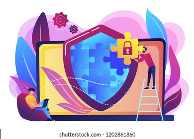 Programmer with jigsaw shield system monitoring network traffic. Firewall, network security system and network firewall concept on white background. Bright vibrant violet vector isolated illustration