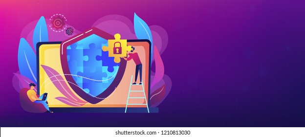 Programmer with jigsaw shield system monitoring network traffic. Firewall, network security system and network firewall concept on white background. Header or footer banner template with copy space.