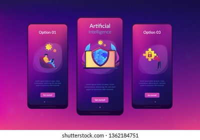 Programmer with jigsaw shield system monitoring network traffic. Firewall, network security system and network firewall concept on white background. Mobile UI UX GUI template, app interface wireframe