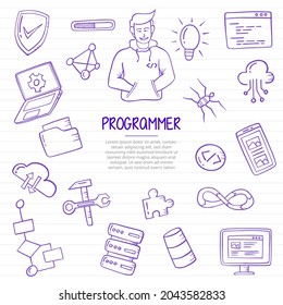 trabajo de programadores o profesión de trabajo manual dibujado a mano con estilo de esquema en línea de libros de papel