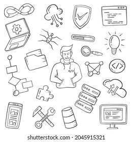 programmer jobs or profession doodle hand drawn set collections with outline black and white style