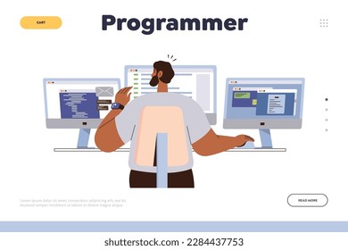 Programmer landing page. Website design template for programming online service. Young adult man coding, writing software while working on computers at comfortable workplace vector illustration